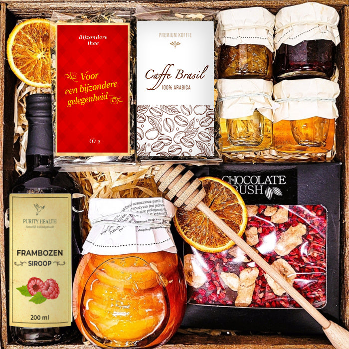 Geschenkmand, cadeau, honing, thee, koffie, confituur, chocolade