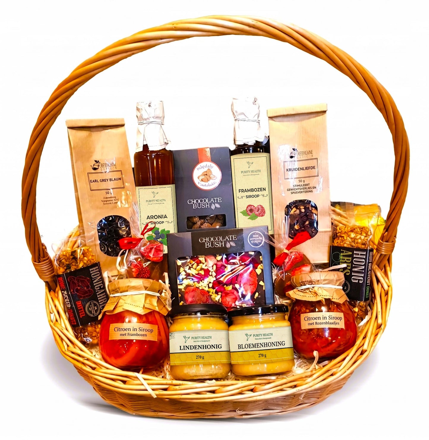 Mega geschenkmand – gezond premium cadeaupakket: honing, siroop, thee, chocolade