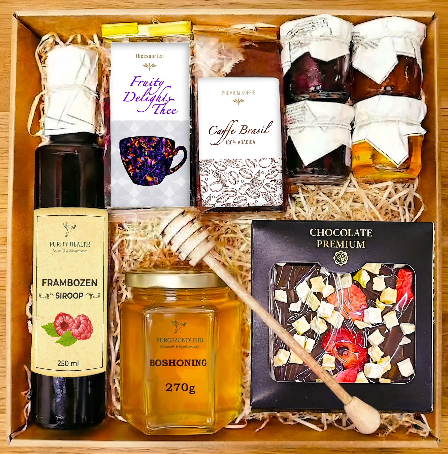Geschenkmand: cadeau met thee, honing & chocolade-ei