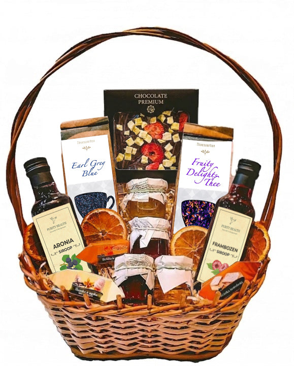 Wilgen geschenkmand: geschenkset – cadeau met honing, lekkernijen, thee en chocolade