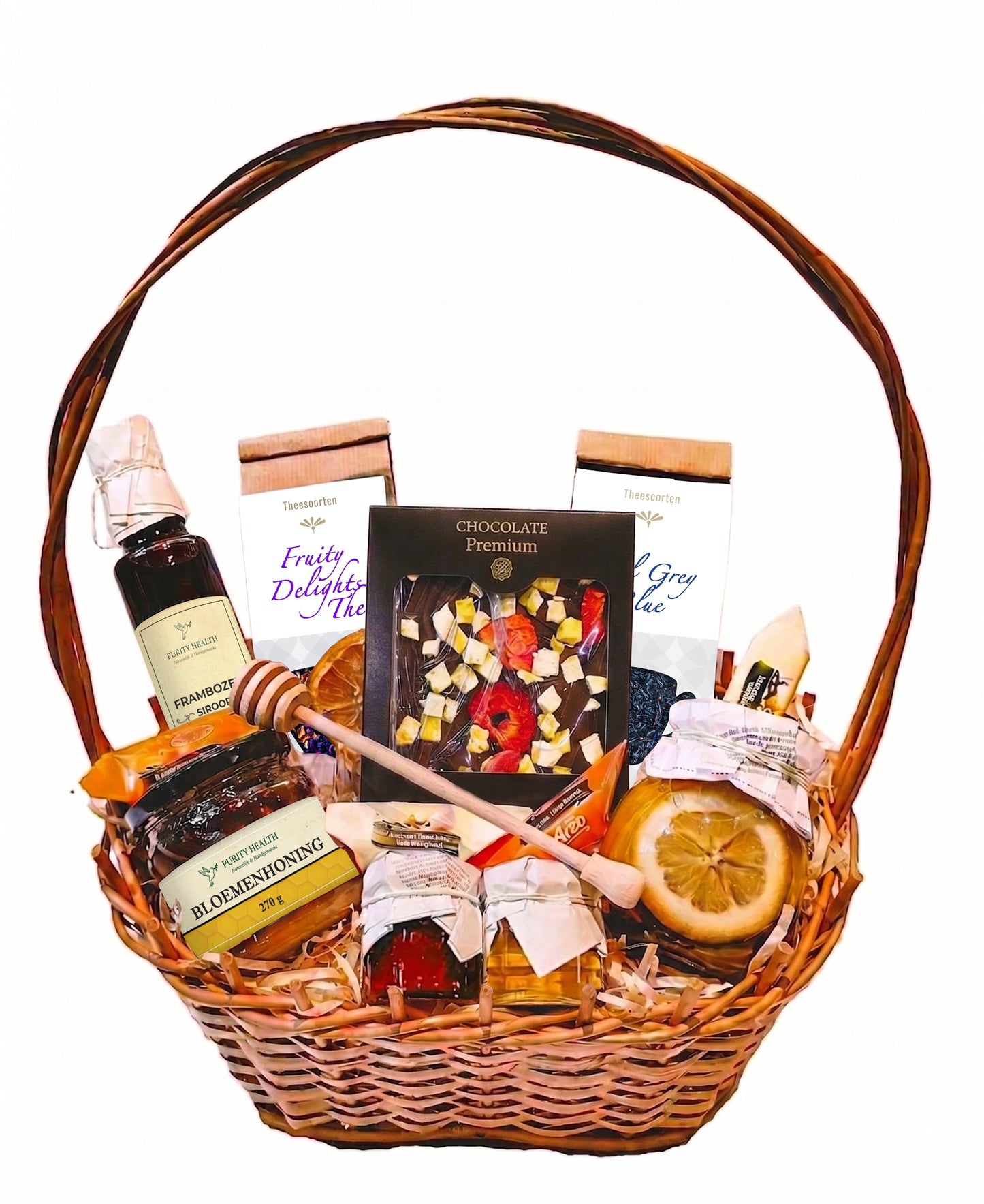 Mega geschenkmand – honing, lekkernijen, thee, chocolade, siroop, citroen