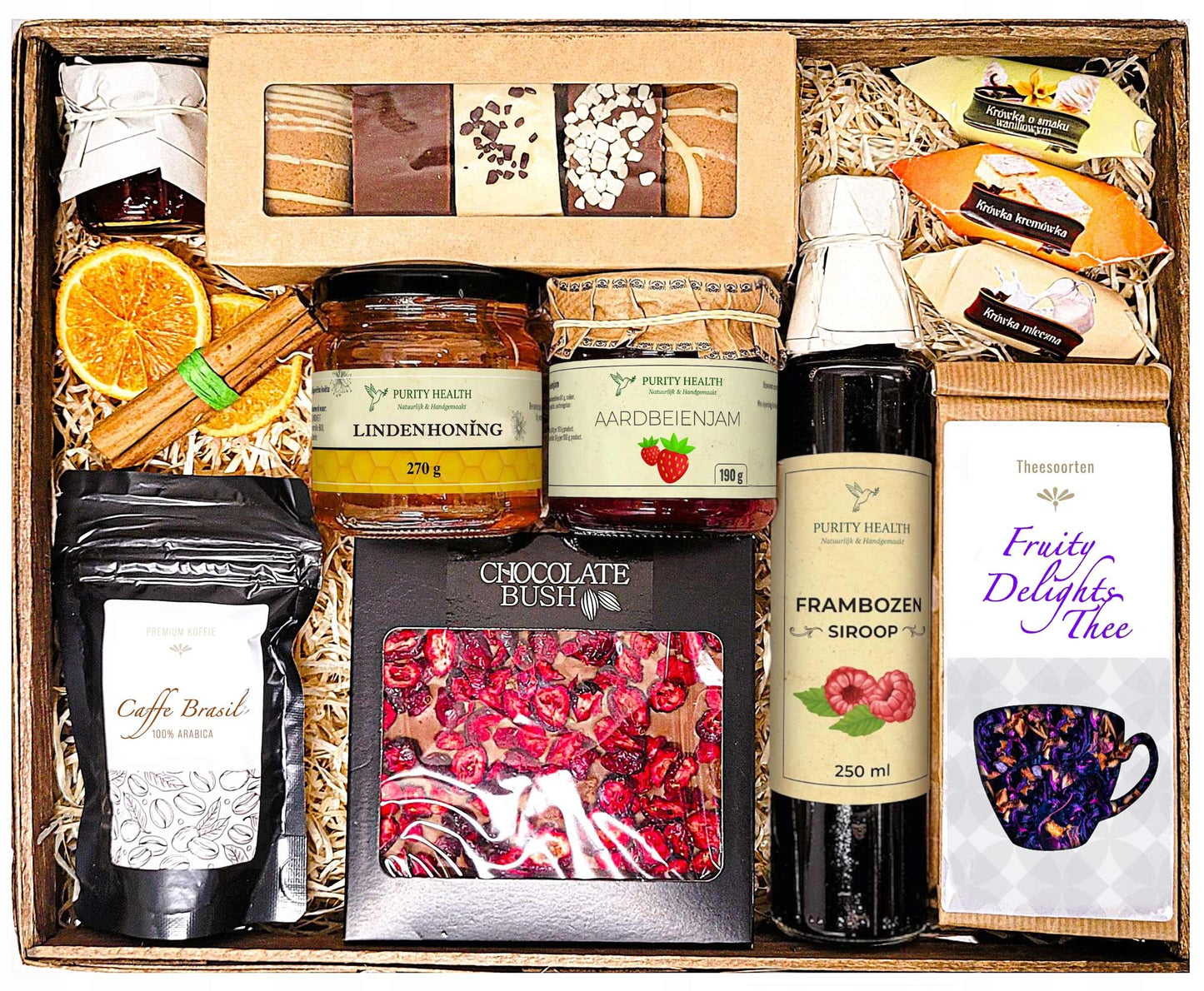 Cadeaupakket XL met Koffie, Thee, Chocolade, Honing en Siroop