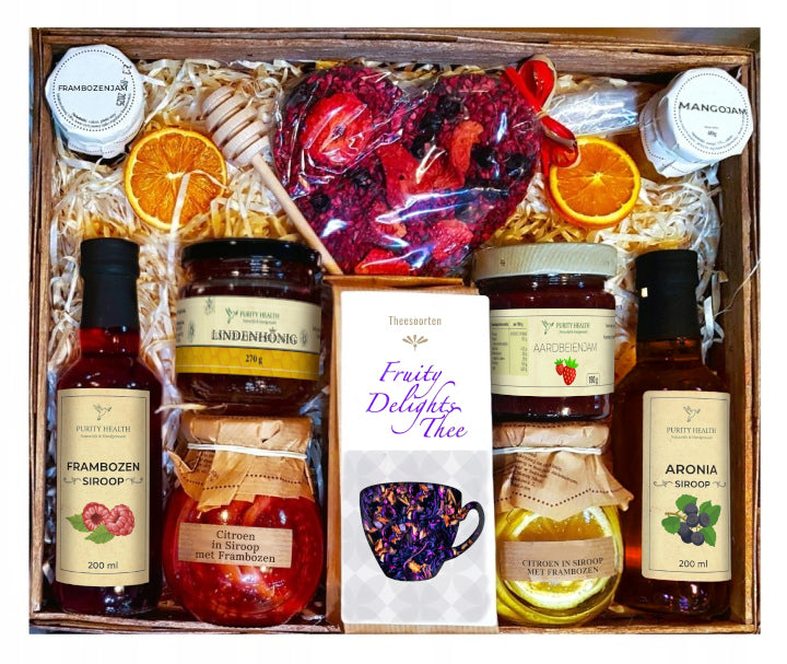 Cadeaupakket XL met Thee, Siroop, Honing, Jam en Chocoladehart