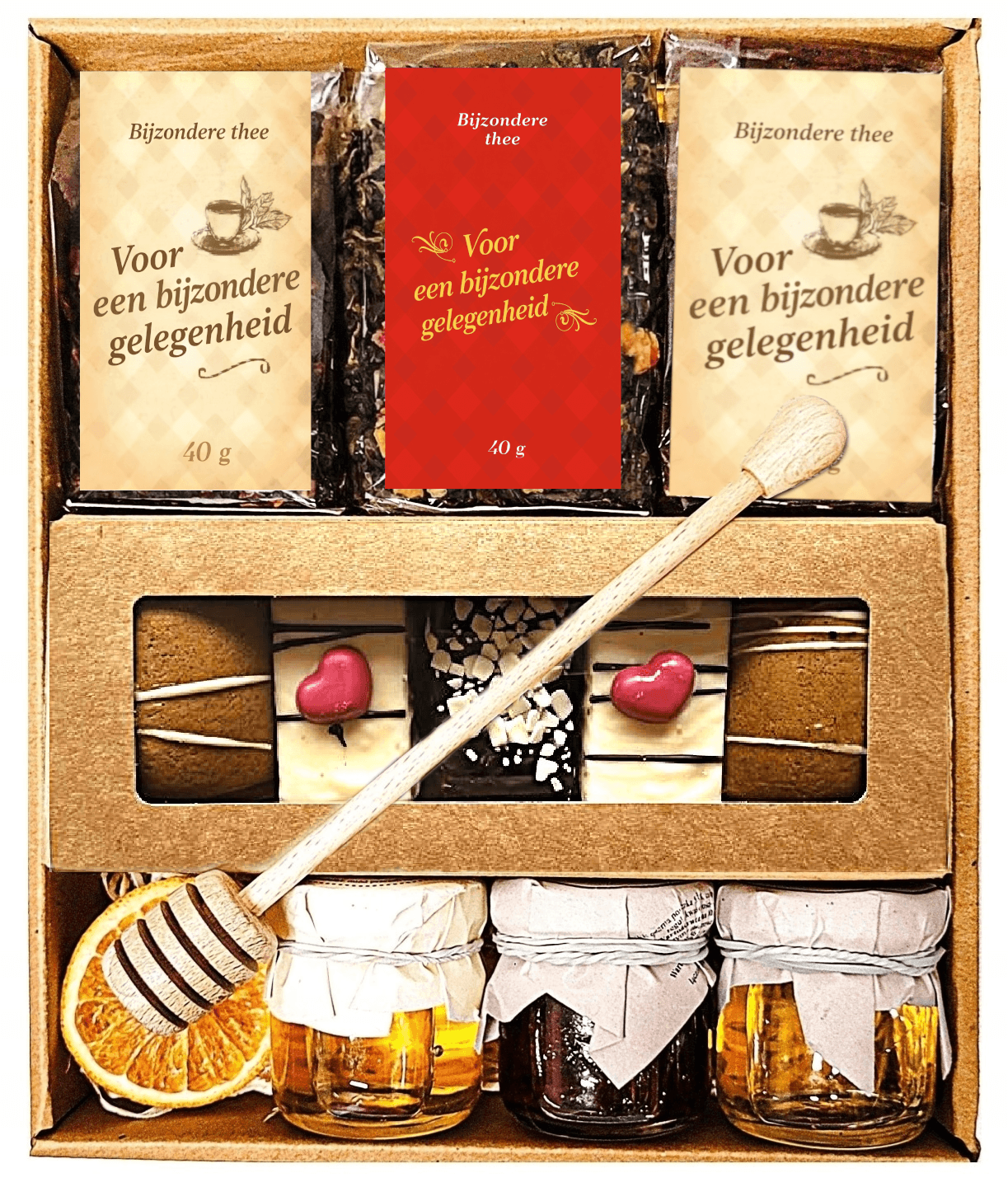 Cadeaupakket - 3 Soorten Thee, Kruidkoekjes, Jam & Honing