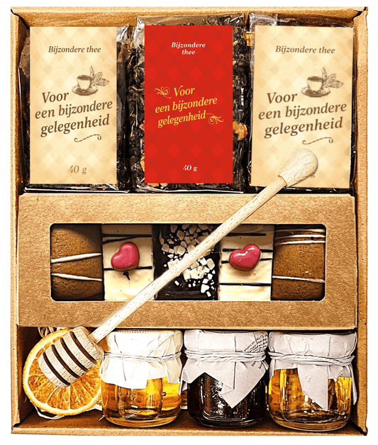 Cadeaupakket - 3 Soorten Thee, Kruidkoekjes, Jam & Honing