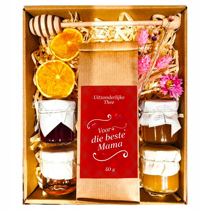Geschenkmand voor Moederdag – thee, honing en confituur