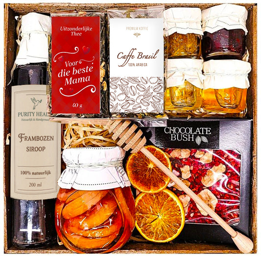 Geschenkmand voor Moederdag – koffie, thee, chocolade en honing