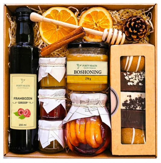 Geschenkmand cadeau peperkoek honing frambozensiroop citroen framboos geschenk mand cadeau honing thee koffie cadeau voor mama papa oma opa leraar verjaardag Moederdag