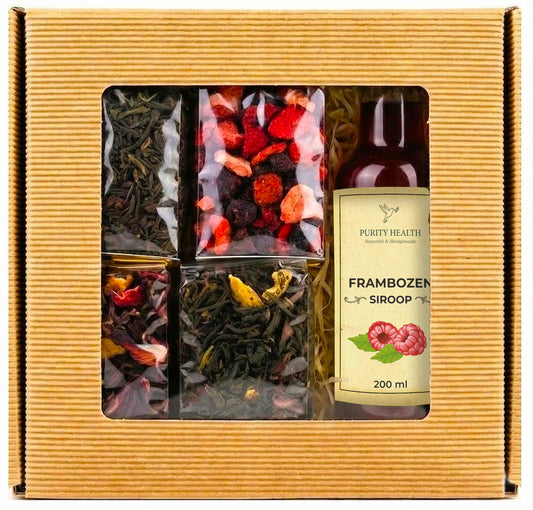 Thee-geschenkset: 4 hoogwaardige theesoorten & siroop in een geschenkmand