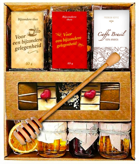 Thee-geschenkset: 2 hoogwaardige theesoorten, koffie, peperkoek, honing & fruitspread