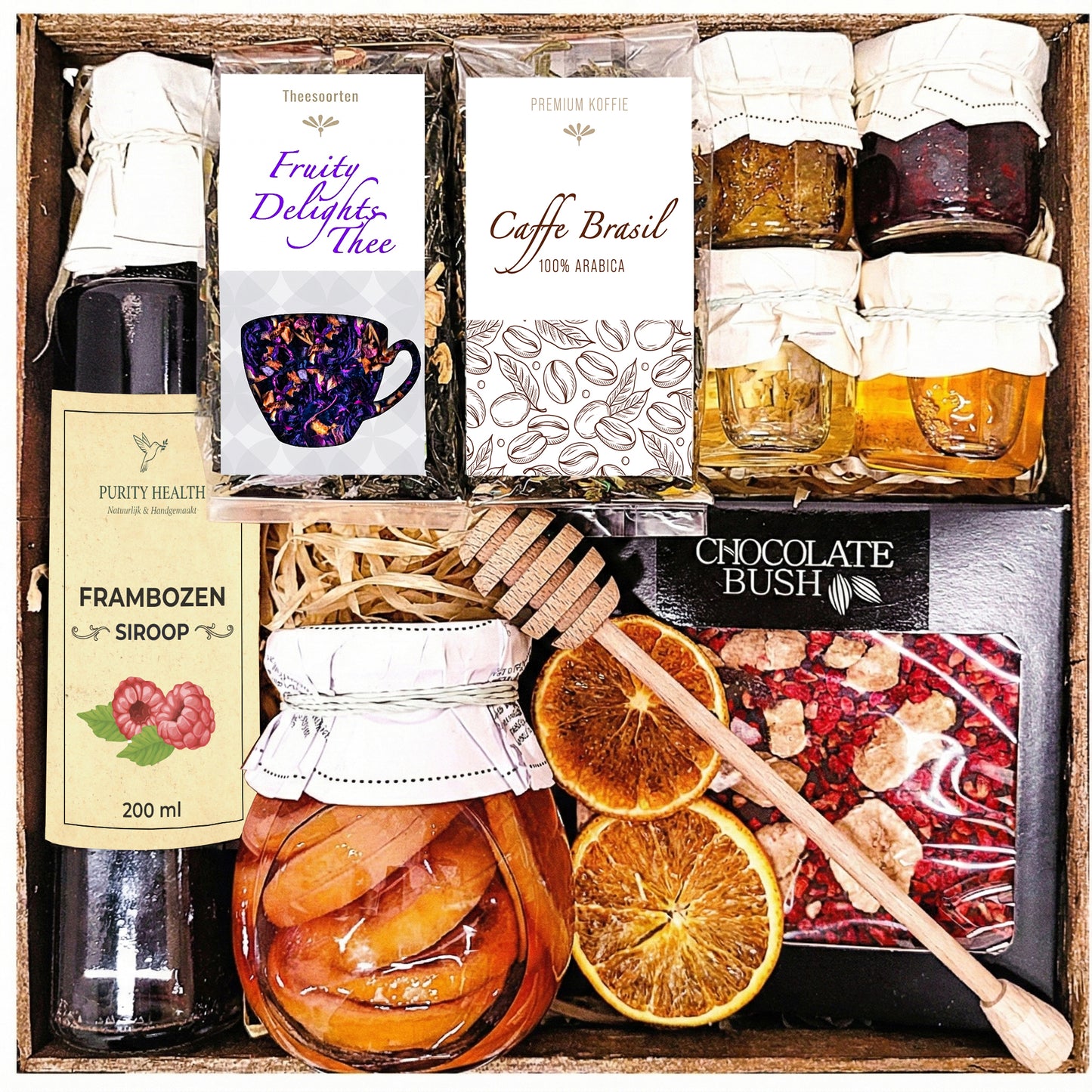 Geschenkmand, cadeau, honing, thee, koffie, cadeau voor mama, papa, oma, opa, leraar, verjaardag, Moederdag