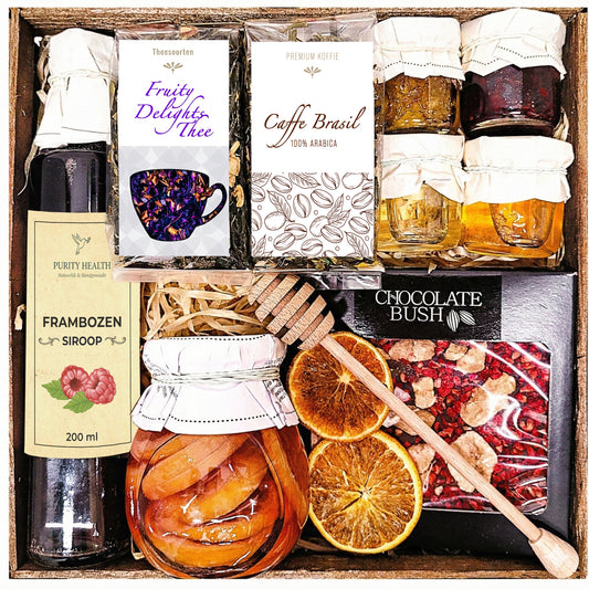 Geschenkmand, cadeau, honing, thee, koffie, cadeau voor mama, papa, oma, opa, leraar, verjaardag, Moederdag