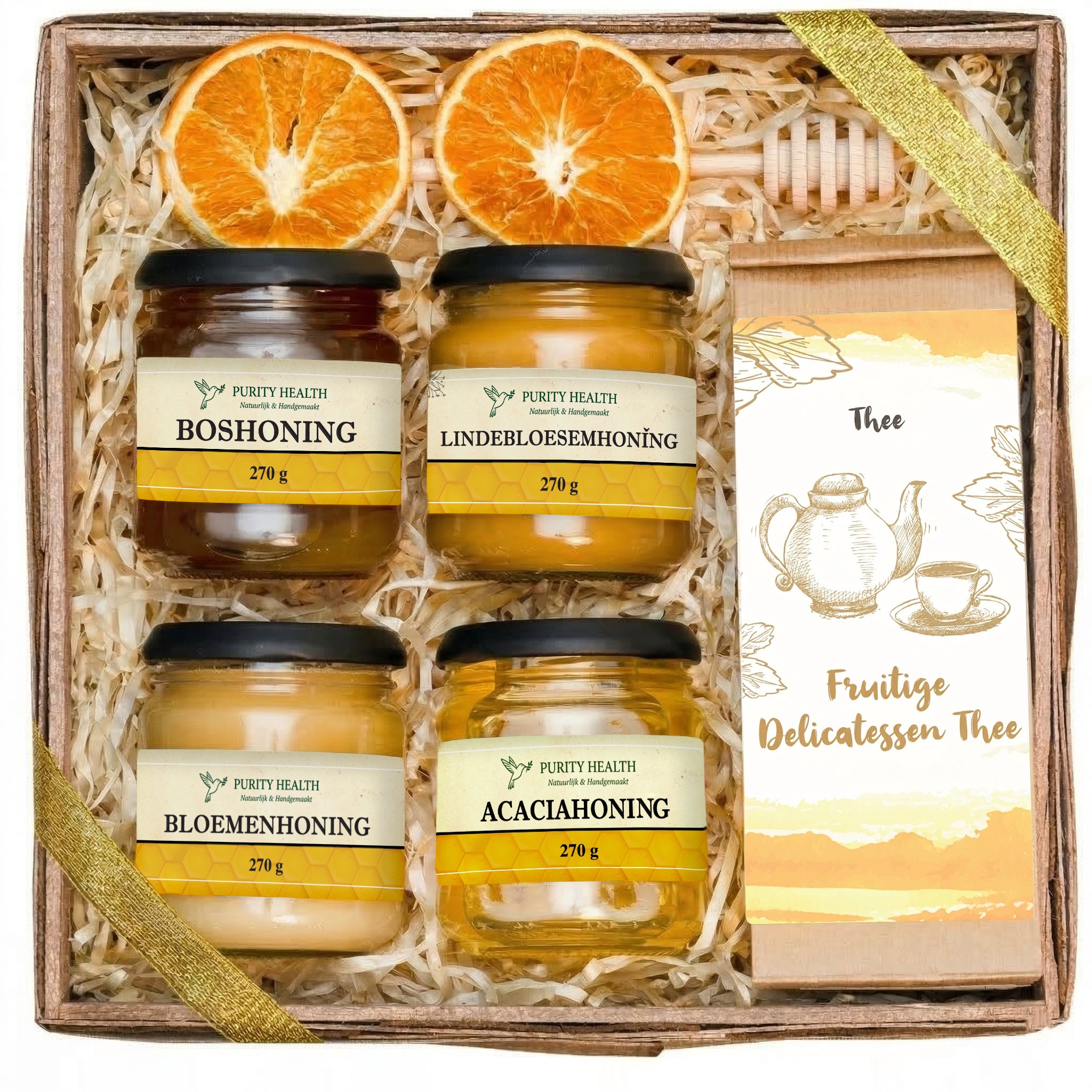 Geschenkset – geschenkmand met thee en honing
