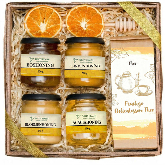 Geschenkset – geschenkmand met thee en honing