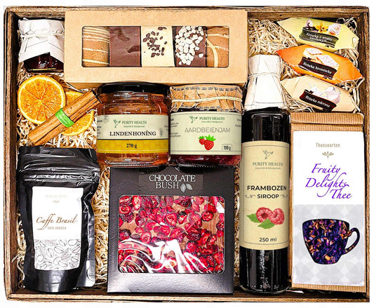 Cadeaupakket XL met Koffie, Thee, Chocolade, Honing en Siroop
