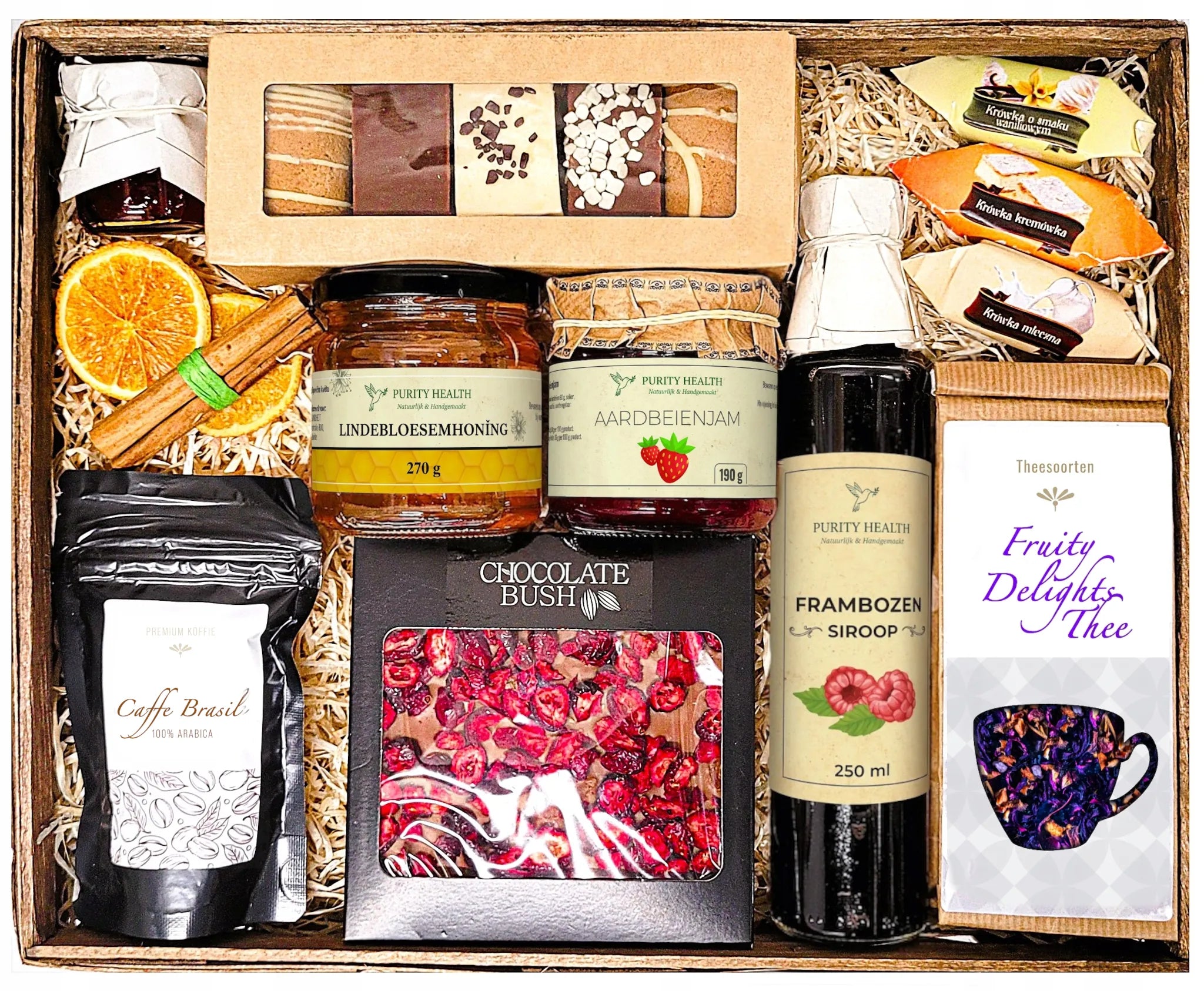 Cadeaupakket XL met Koffie, Thee, Chocolade, Honing en Siroop