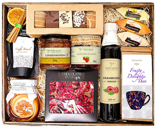 Cadeaupakket XL met Koffie, Thee, Chocolade, Honing en Siroop
