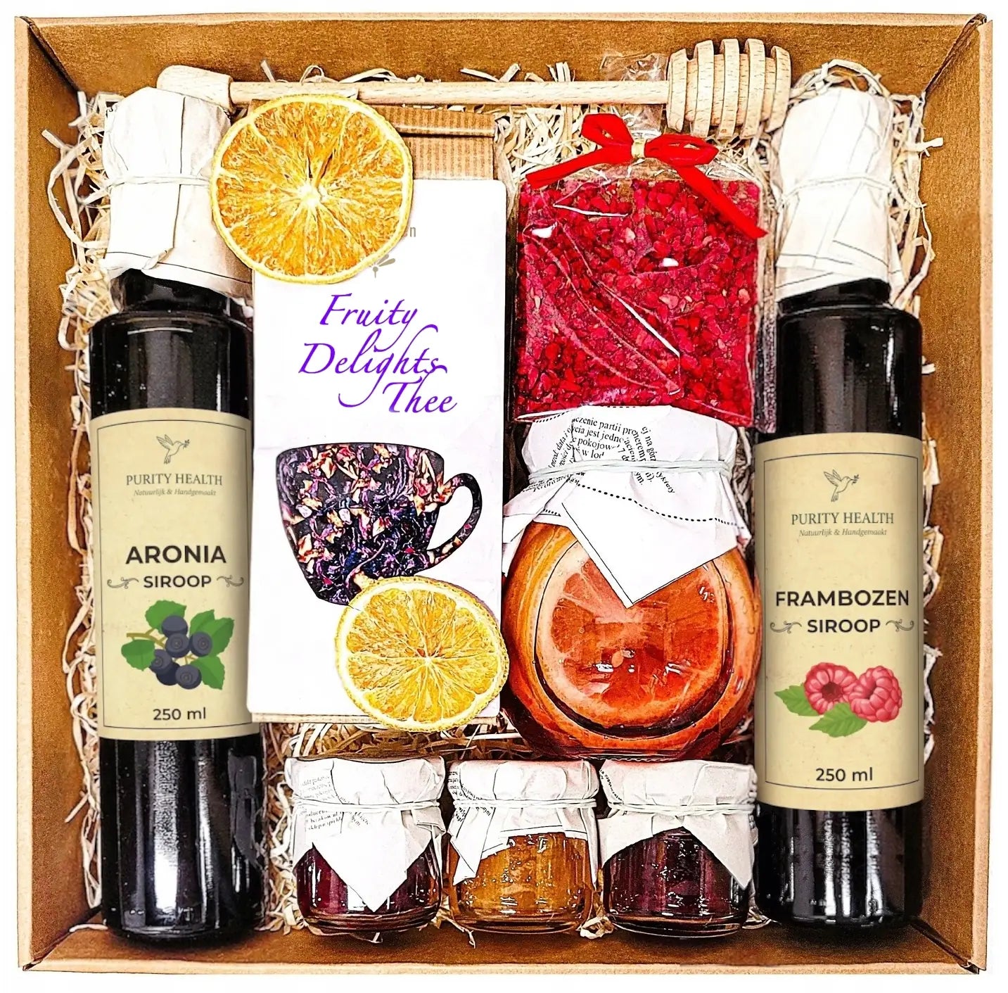 Cadeaupakket met Thee, Siroop, Honing, Jam en Chocolade