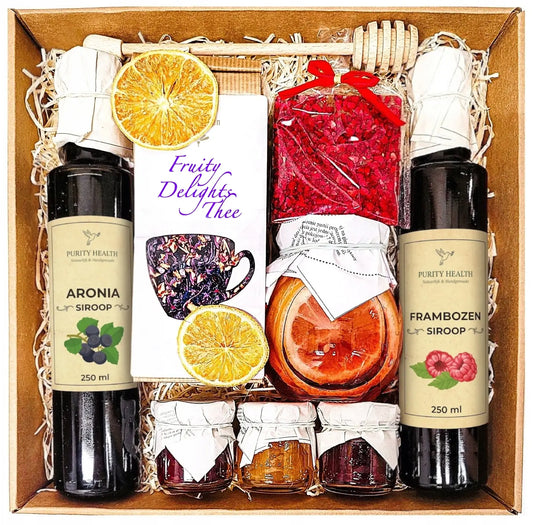 Cadeaupakket met Thee, Siroop, Honing, Jam en Chocolade