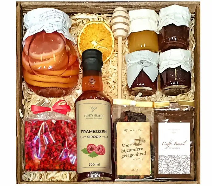 Cadeaupakket met Thee, Koffie, Honing, Siroop, Jam en Chocolade