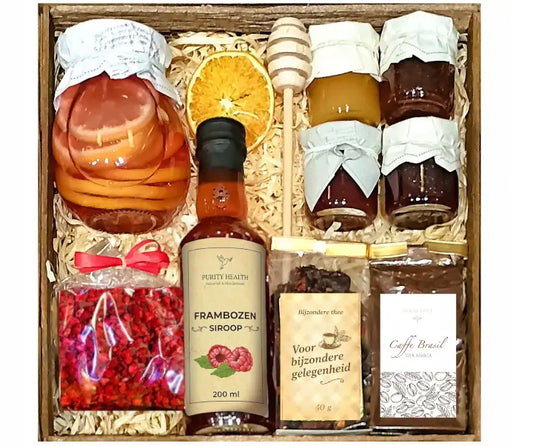 Cadeaupakket met Thee, Koffie, Honing, Siroop, Jam en Chocolade