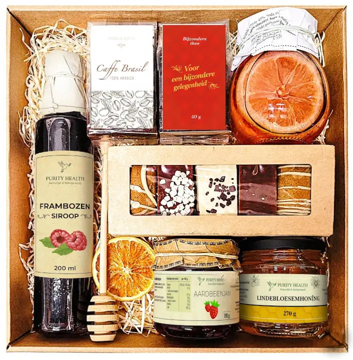 Cadeaupakket met Thee, Koffie, Honing, Jam, Siroop en Kruidkoekjes
