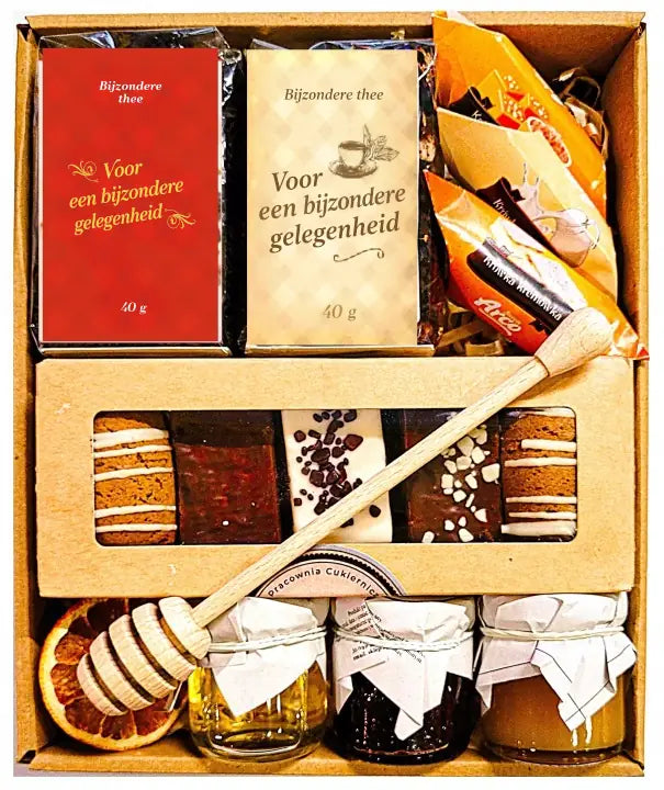 Cadeaupakket met Thee, Jam, Honing, Kruidkoekjes en Caramels