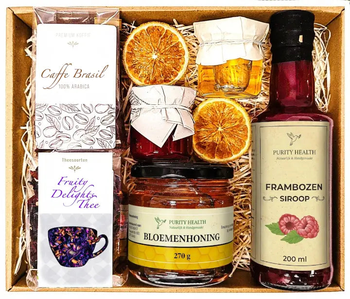 Cadeaupakket met Koffie, Thee, Honing, Jam en Siroop