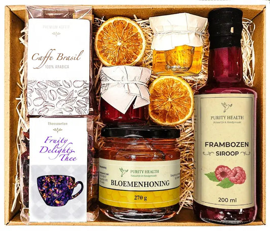 Cadeaupakket met Koffie, Thee, Honing, Jam en Siroop