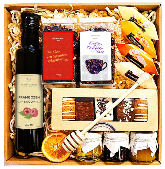 Cadeaupakket met Thee, Siroop, Jam, Honing, Kruidkoekjes en Caramels