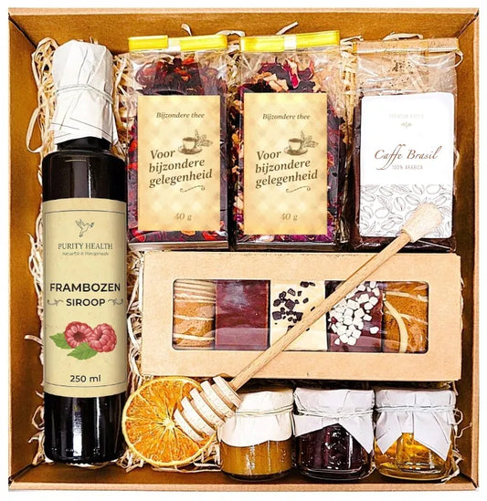 Cadeaupakket met Thee, Koffie, Siroop, Jam, Honing en Kruidkoekjes