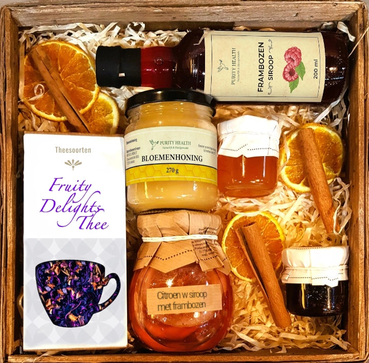 Cadeaupakket met Thee, Honing, Siroop en Citroen op Siroop