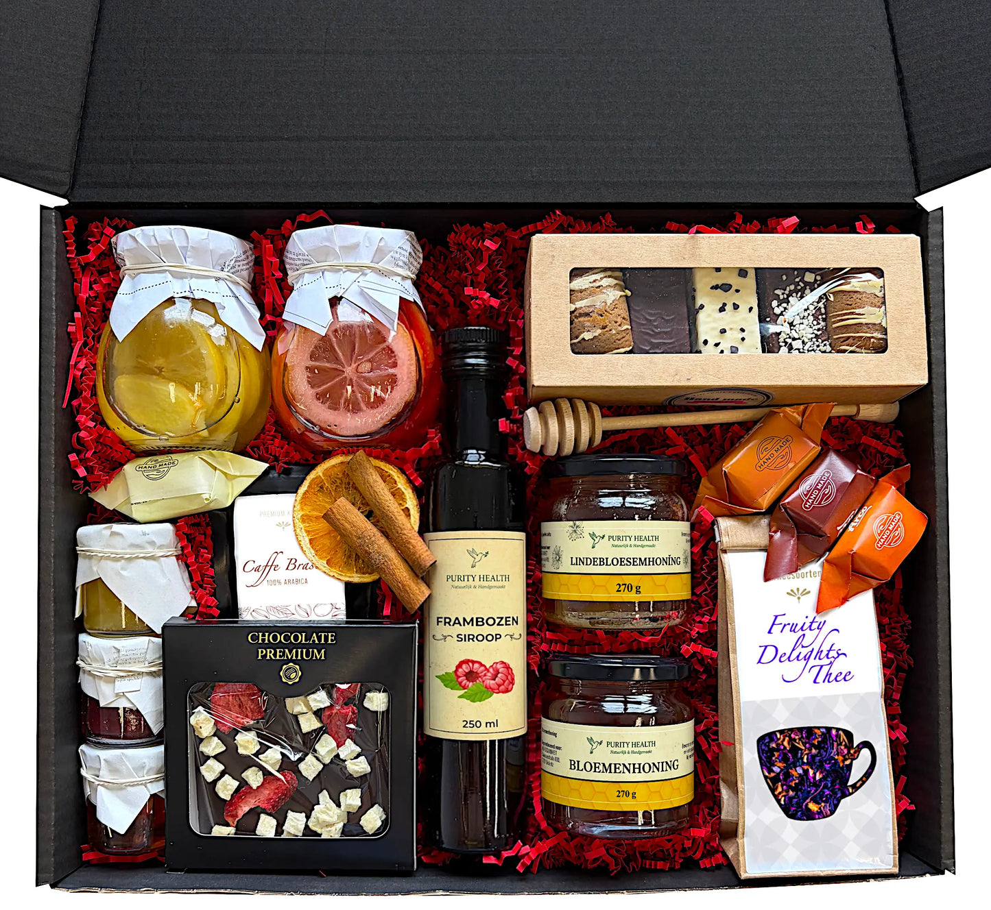 Premium Cadeaubox met Thee, Koffie, Honing, Siroop en Chocolade