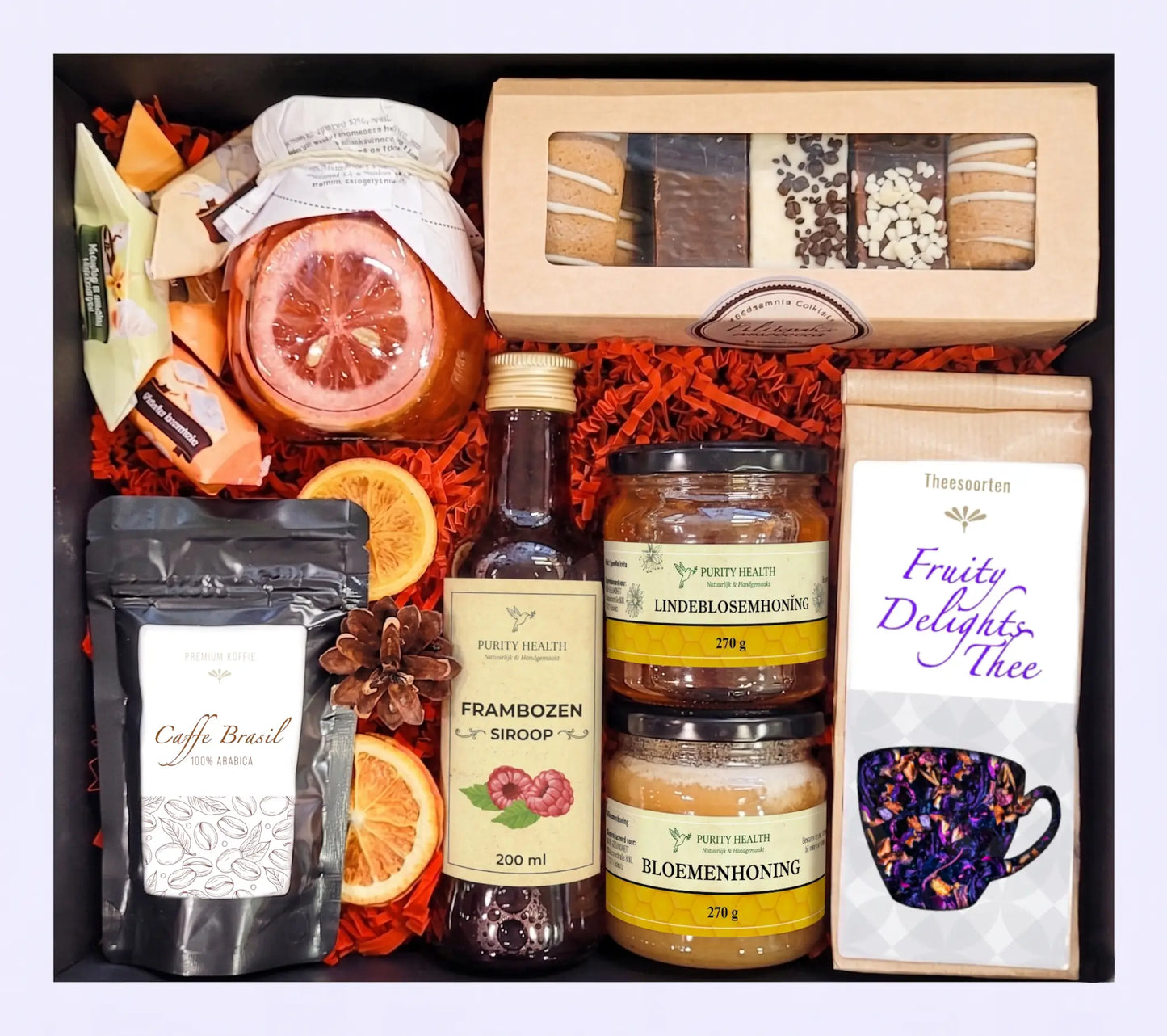 Premium Cadeaubox met Koffie, Thee, Honing, Siroop en Kruidkoekjes