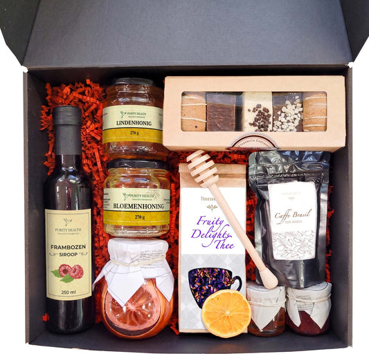 Premium Cadeaubox met Koffie, Thee, Honing, Siroop en Kruidkoekjes